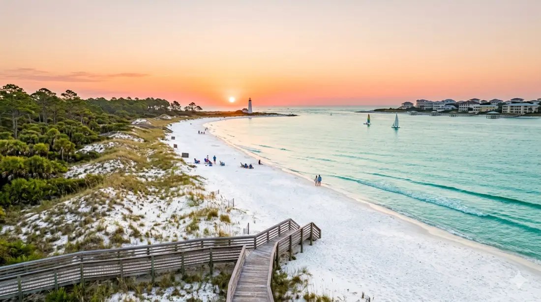 An aerial view of the Northwest Florida coast at sunset