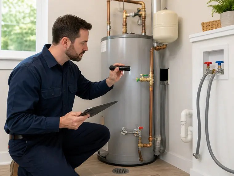 A plumber inspecting a water heater