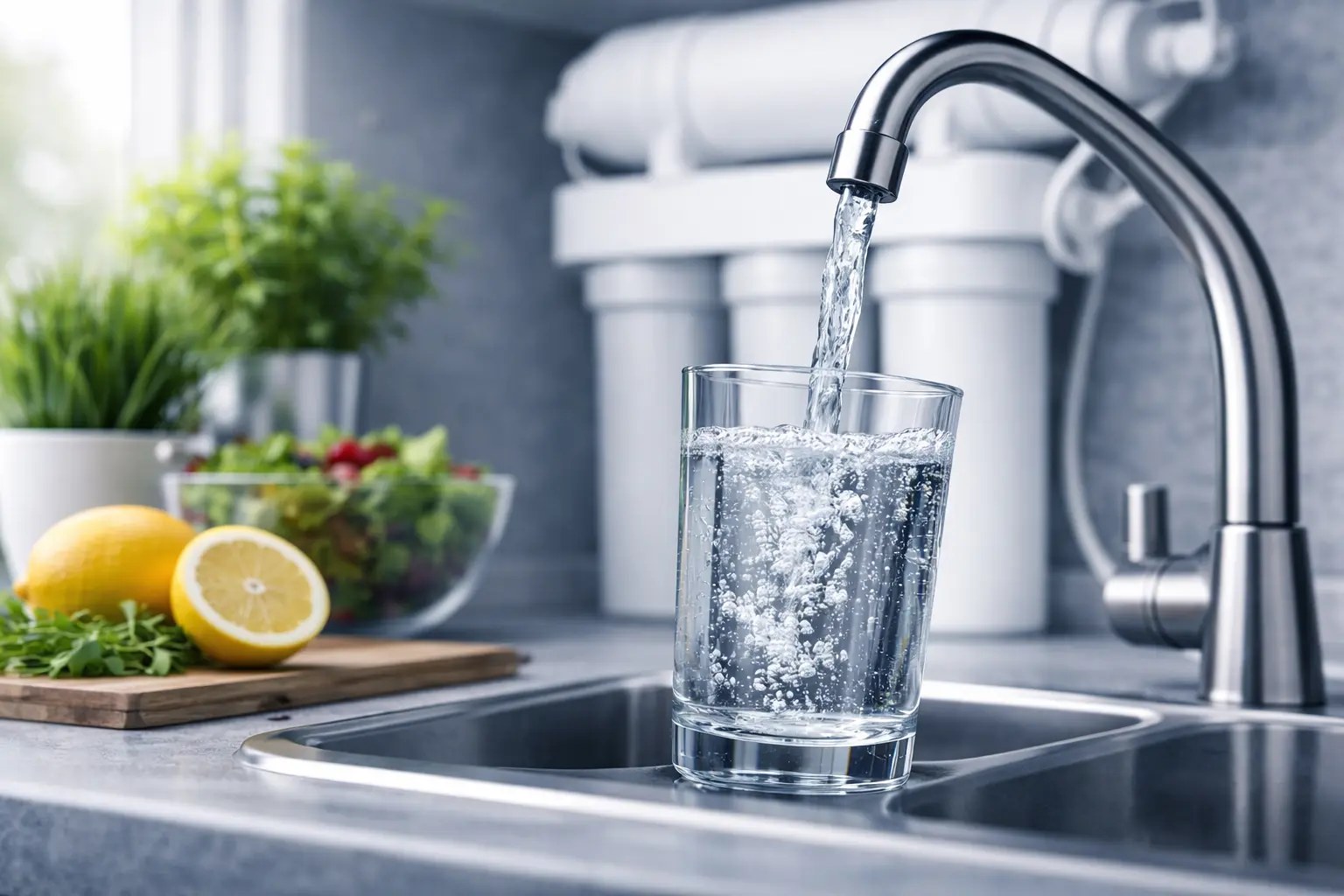A glass of clean water being filled at a kitchen faucet