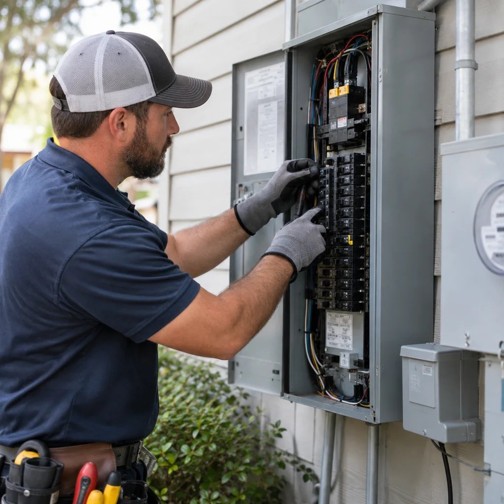An electrician working at a home electrical panel