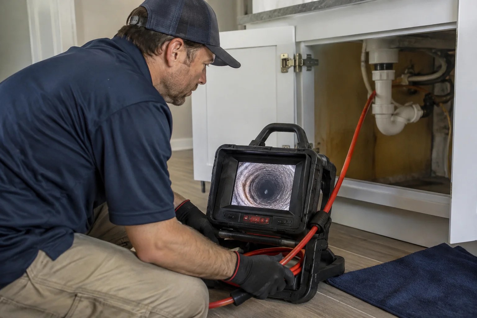 A plumber running a sewer camera inspection