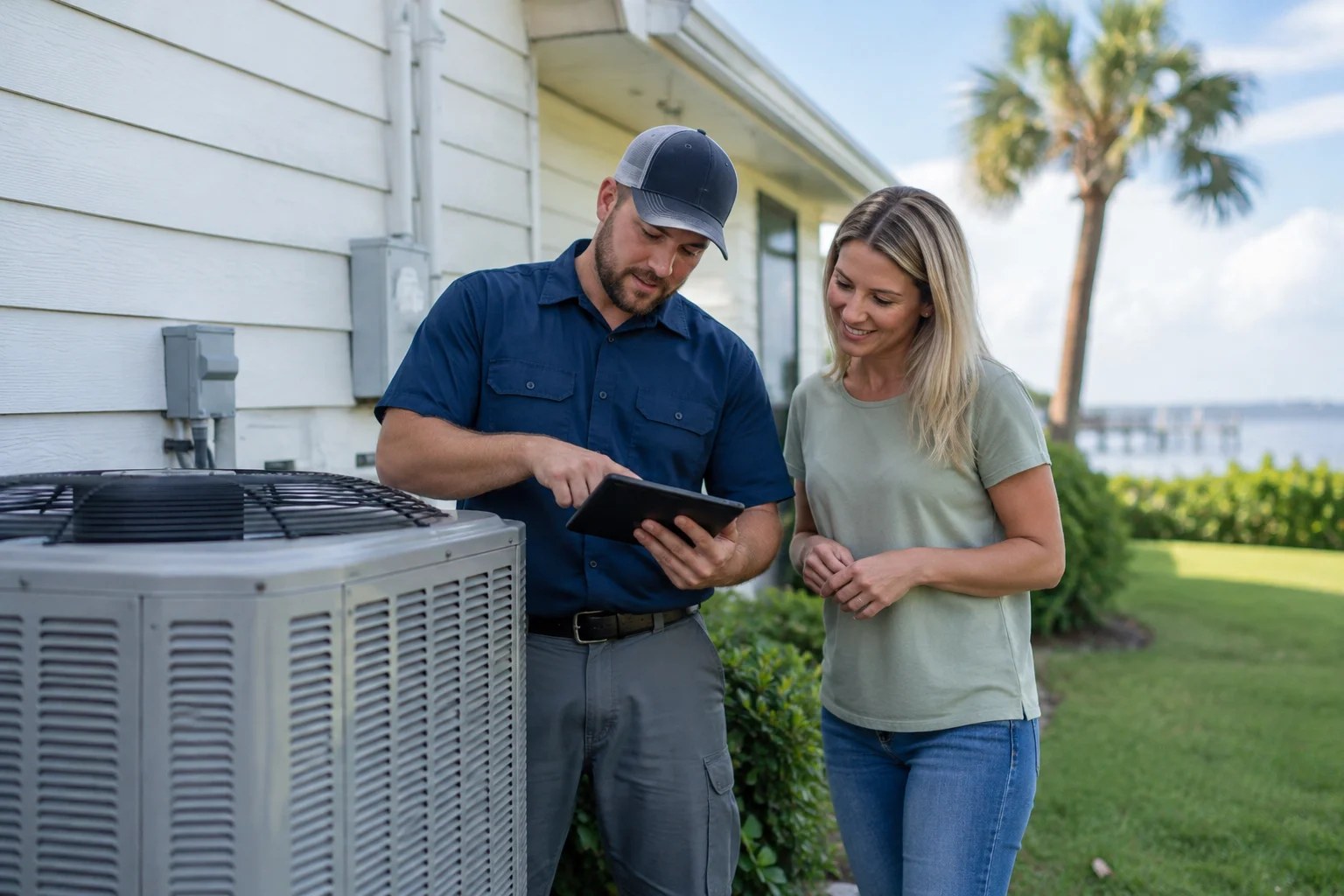A Superior Mechanical technician reviewing options with a homeowner at her outdoor unit