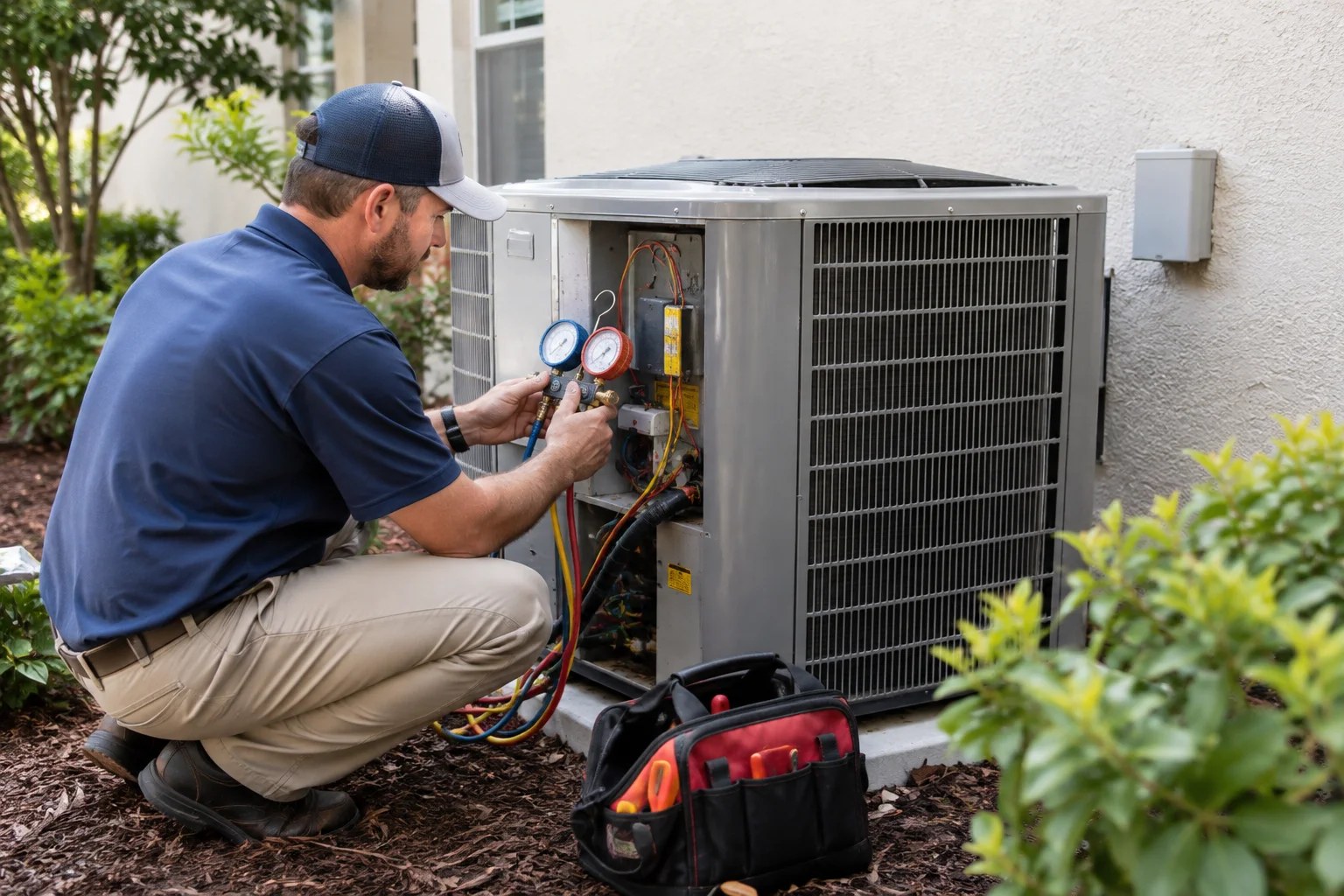 A technician servicing an outdoor air conditioning unit