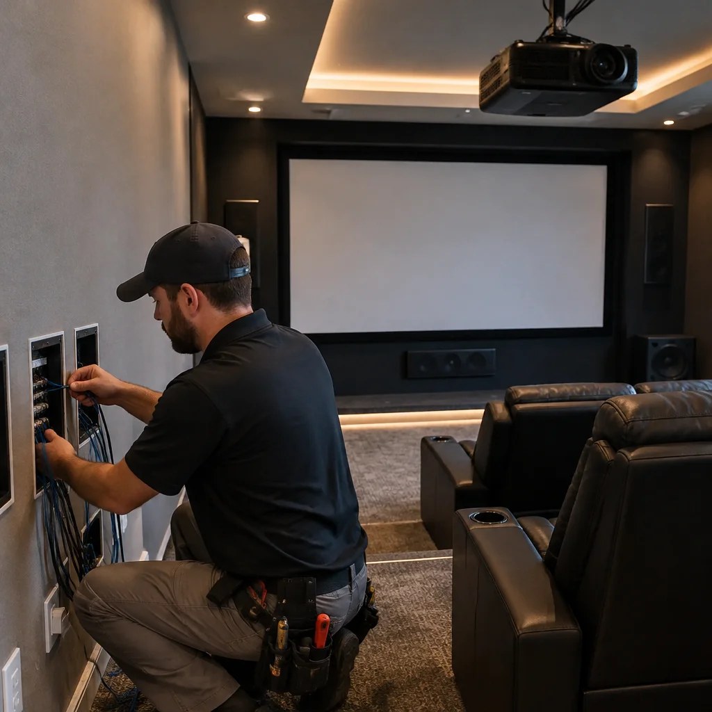 An electrician wiring a home theater in Camp Creek