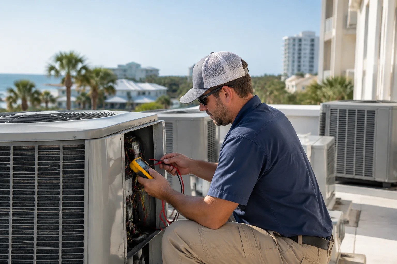 A technician installing a commercial HVAC system in Destin