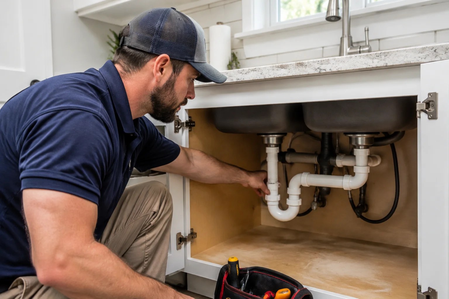A plumber repairing pipes under a sink while a homeowner watches