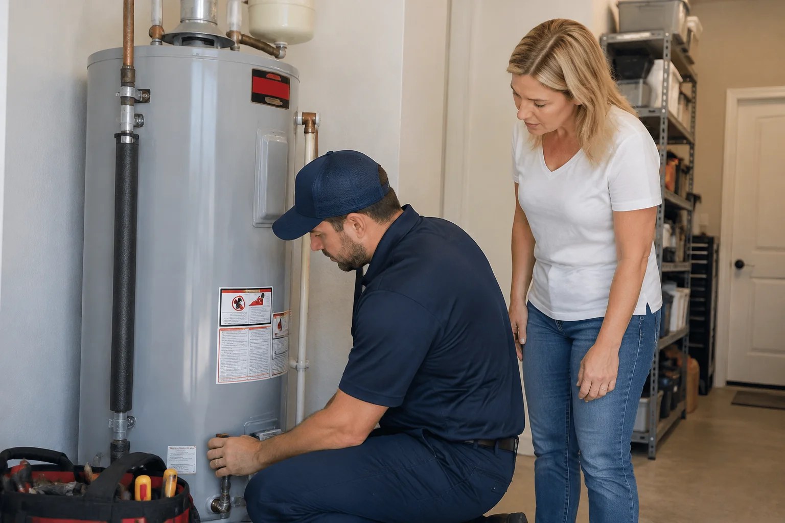 A plumber repairing a water heater area in Freeport