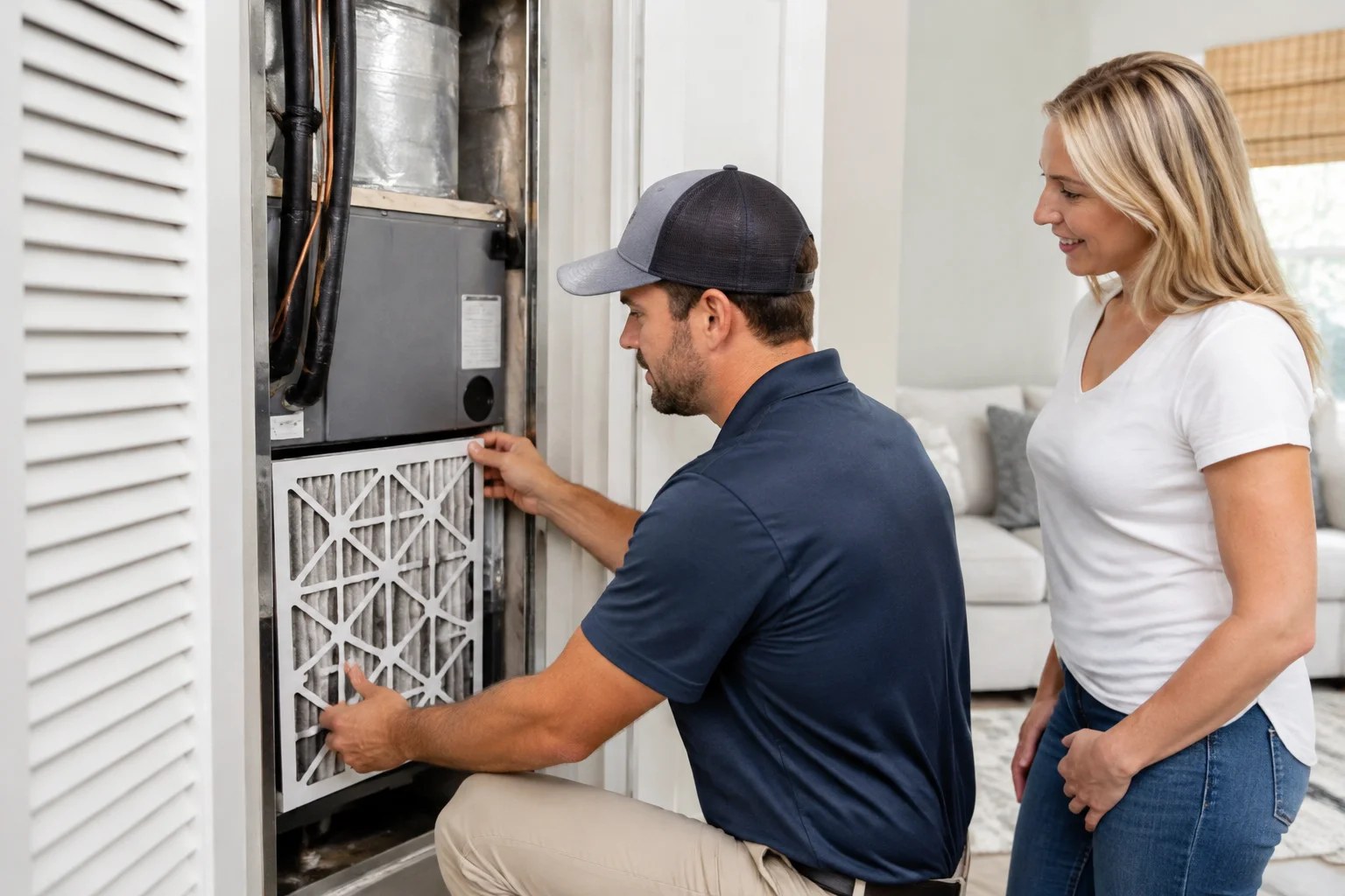 A technician checking indoor air quality equipment at a home