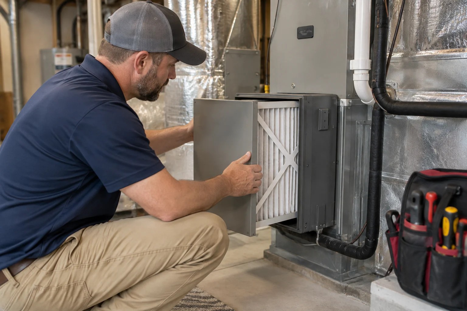 A technician servicing a home air handler